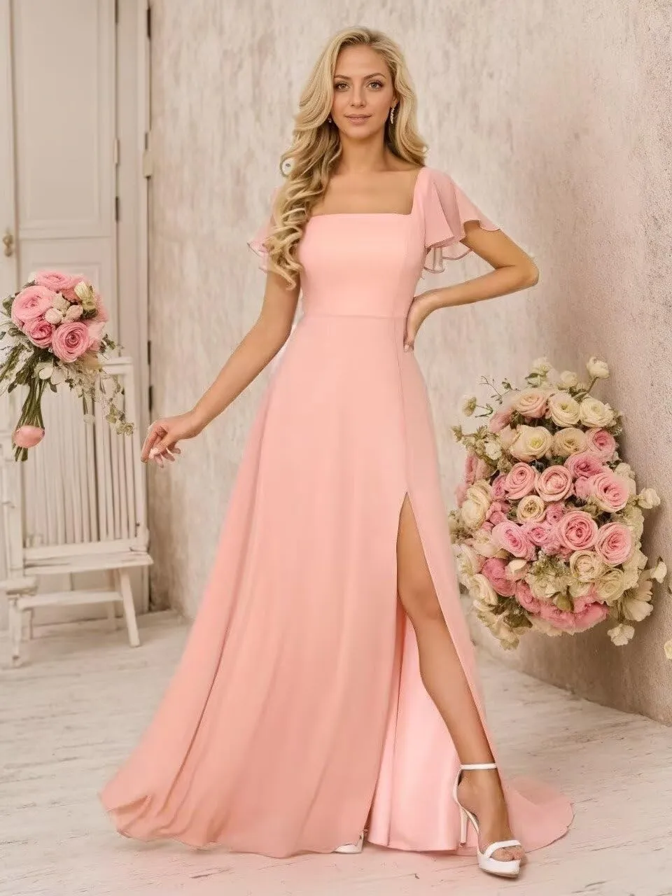 Women's Long Bridesmaid Dresses 2025 Chiffon Short Sleeves Formal Evening Gowns XIN01