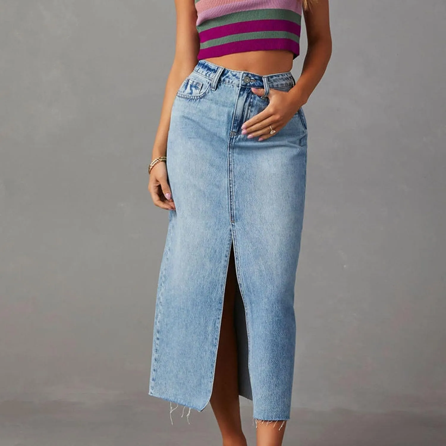 Women's Midi Jean Skirt High Waisted Slit Hem Slim Fit Pencil Denim Skirts Fashion Spring Summer Casual Skirts