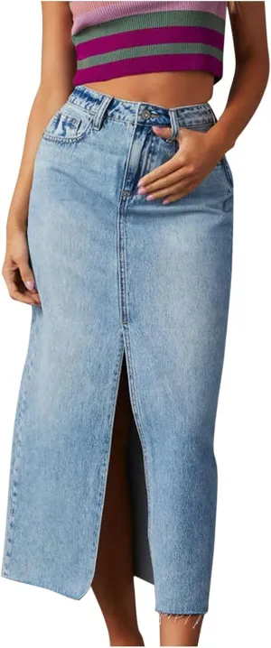 Women's Midi Jean Skirt High Waisted Slit Hem Slim Fit Pencil Denim Skirts Fashion Spring Summer Casual Skirts