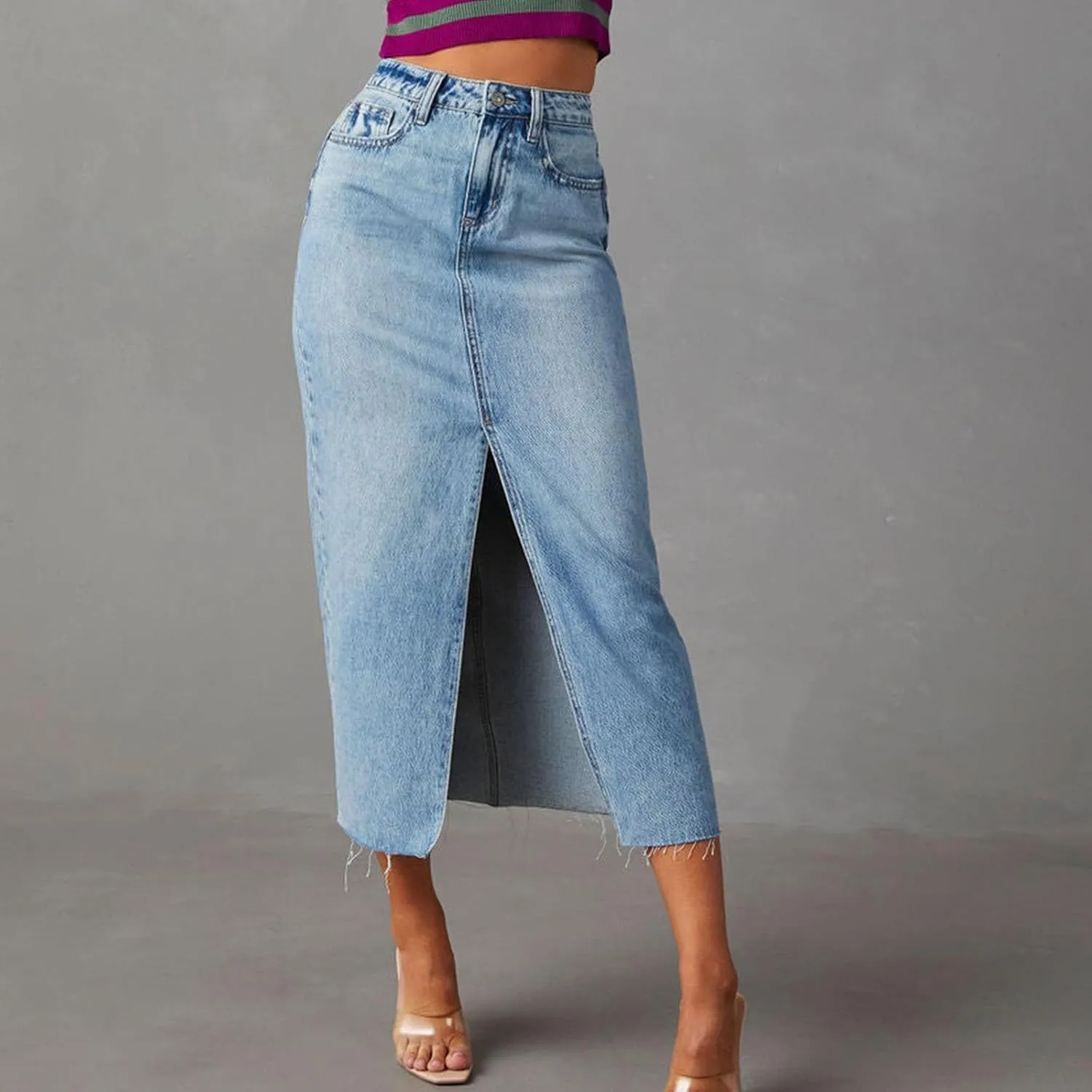 Women's Midi Jean Skirt High Waisted Slit Hem Slim Fit Pencil Denim Skirts Fashion Spring Summer Casual Skirts