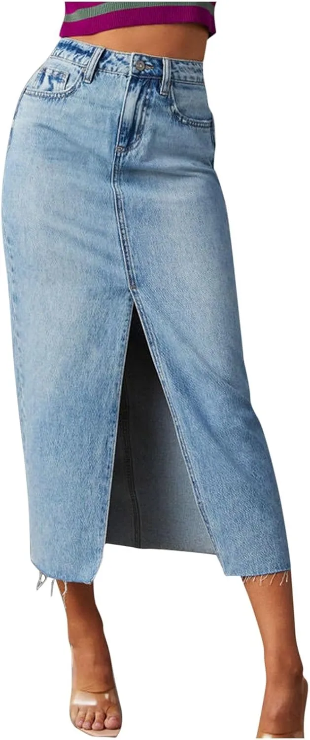 Women's Midi Jean Skirt High Waisted Slit Hem Slim Fit Pencil Denim Skirts Fashion Spring Summer Casual Skirts