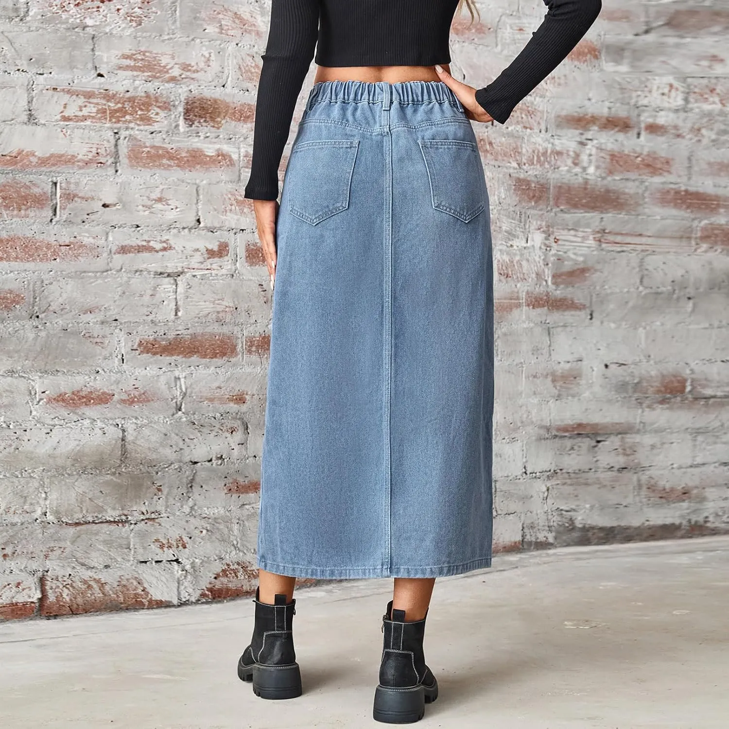 Women's Novelty Denim Skirts High Waisted Casual Slit Midi Jean Skirt Elegant Below Knee Length Jean Skirts