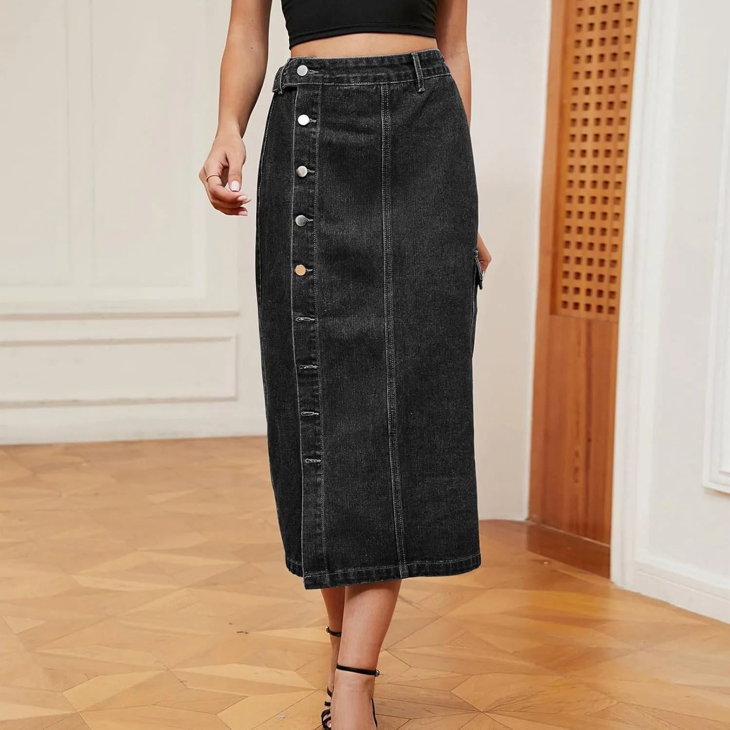 Women's Novelty Denim Skirts High Waisted Casual Slit Midi Jean Skirt Elegant Below Knee Length Jean Skirts