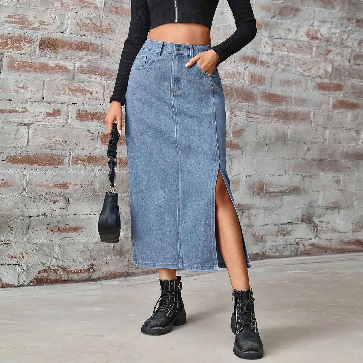 Women's Novelty Denim Skirts High Waisted Casual Slit Midi Jean Skirt Elegant Below Knee Length Jean Skirts