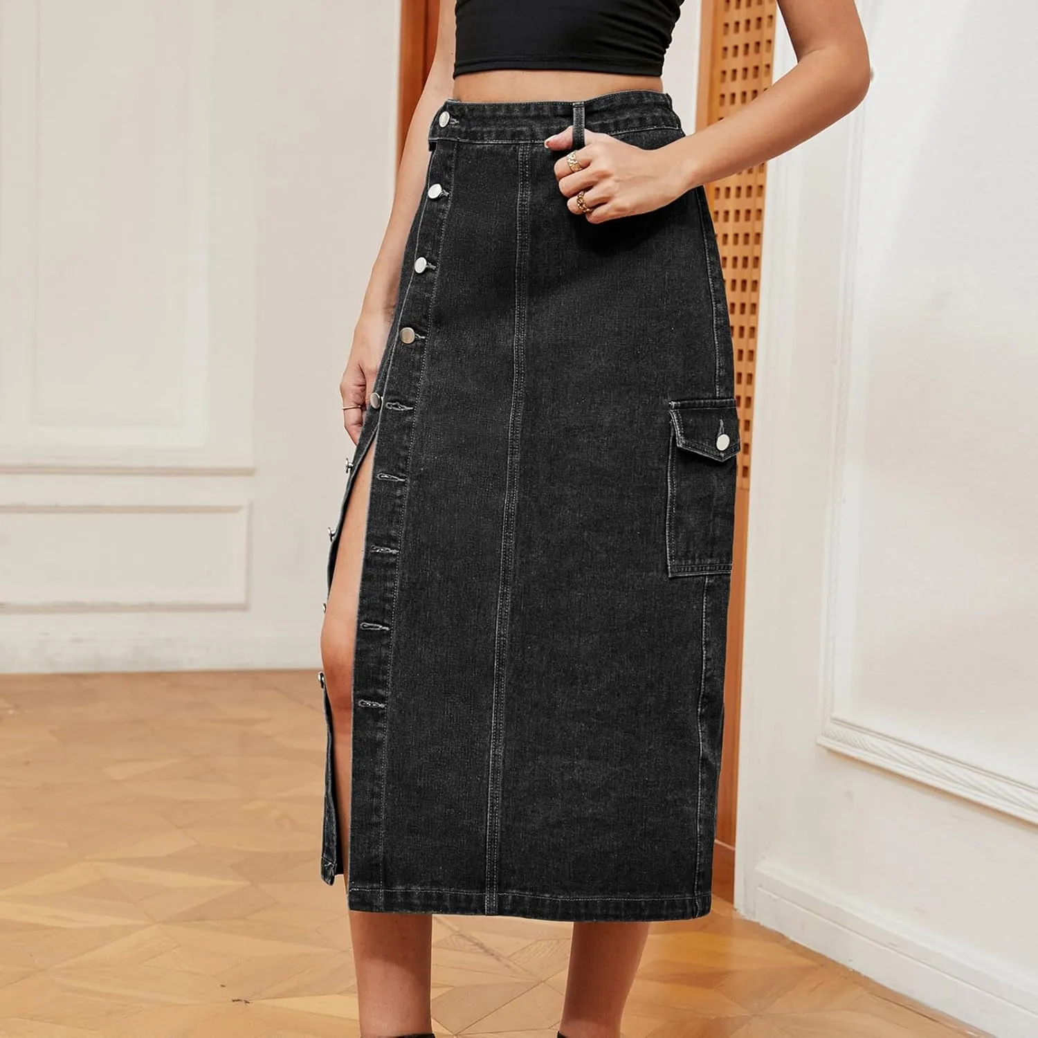 Women's Novelty Denim Skirts High Waisted Casual Slit Midi Jean Skirt Elegant Below Knee Length Jean Skirts
