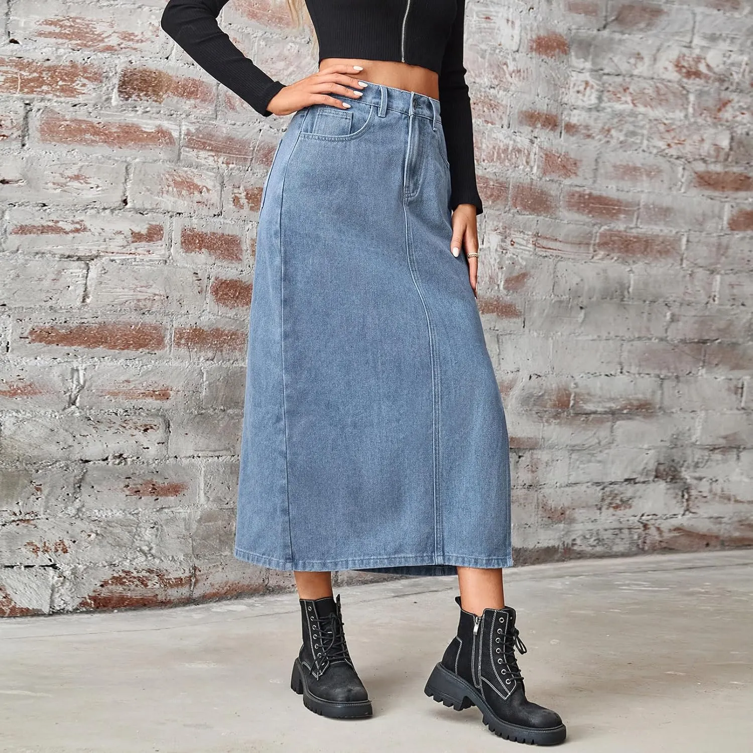 Women's Novelty Denim Skirts High Waisted Casual Slit Midi Jean Skirt Elegant Below Knee Length Jean Skirts