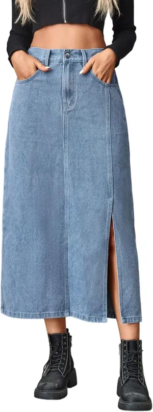 Women's Novelty Denim Skirts High Waisted Casual Slit Midi Jean Skirt Elegant Below Knee Length Jean Skirts
