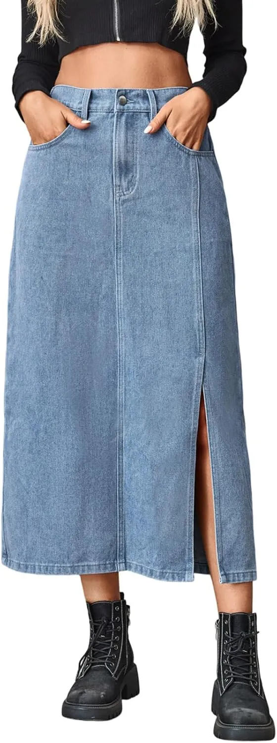 Women's Novelty Denim Skirts High Waisted Casual Slit Midi Jean Skirt Elegant Below Knee Length Jean Skirts