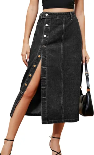 Women's Novelty Denim Skirts High Waisted Casual Slit Midi Jean Skirt Elegant Below Knee Length Jean Skirts