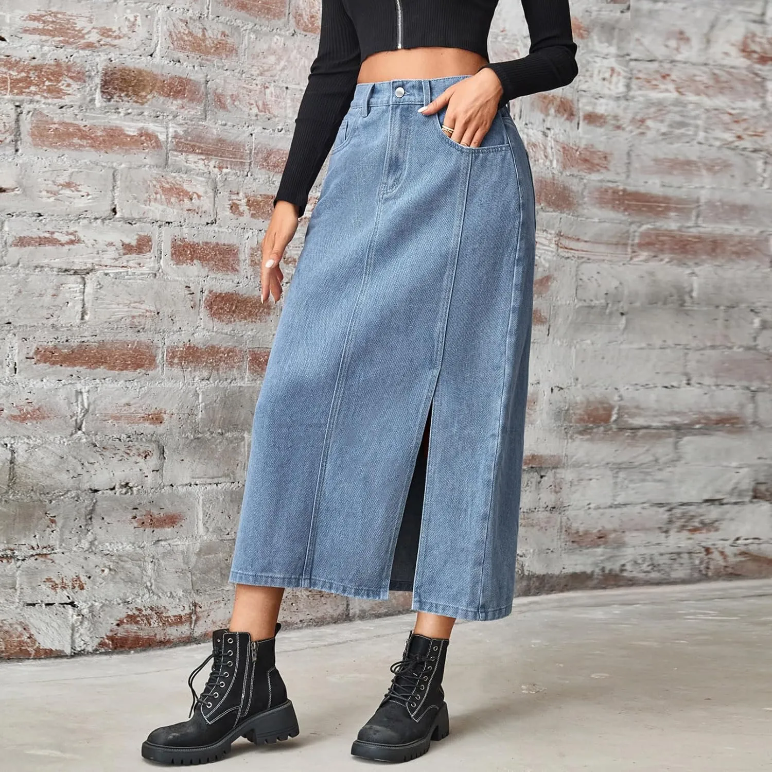 Women's Novelty Denim Skirts High Waisted Casual Slit Midi Jean Skirt Elegant Below Knee Length Jean Skirts