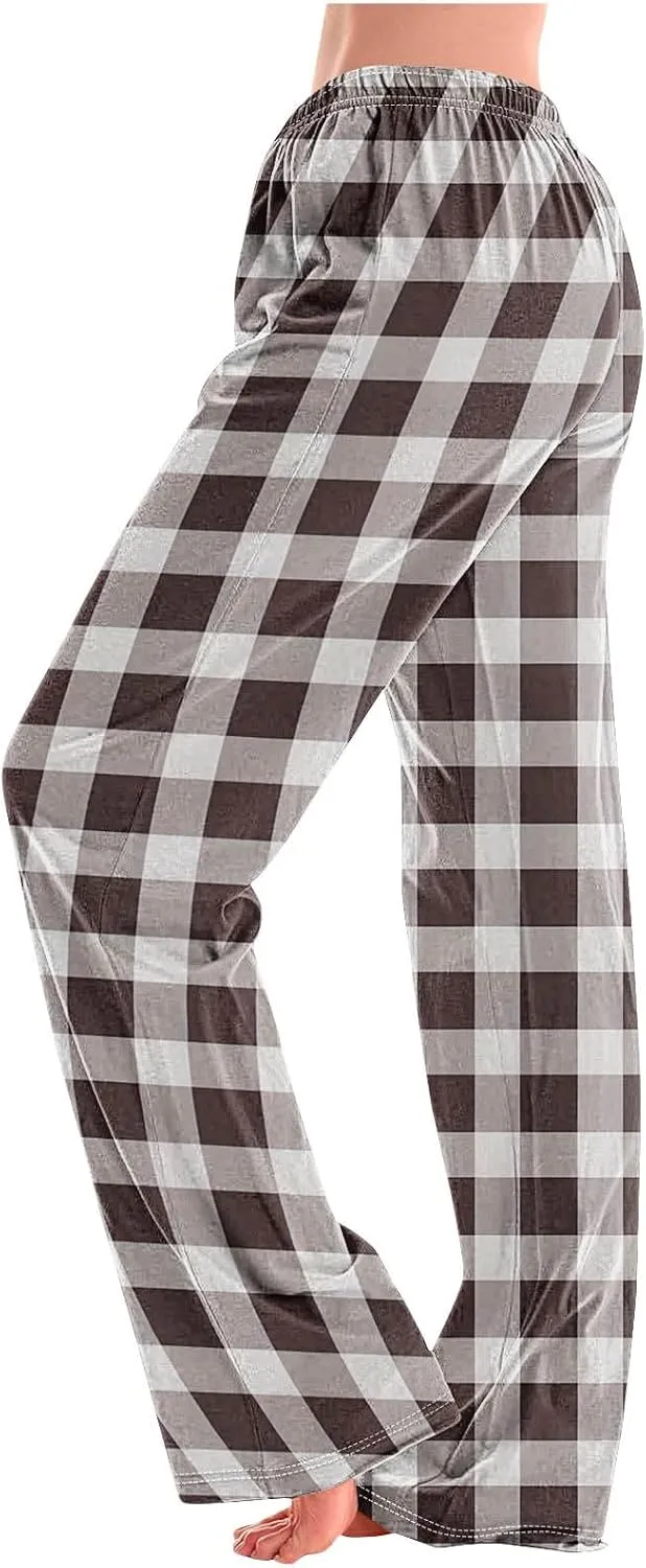 Women's Pajama Pants Wide Leg Yoga Pants Lounge High Waist Pants Comfy Stretch Plaid Pj Bottoms Trousers Loungewear