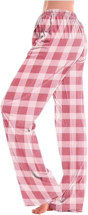 Women's Pajama Pants Wide Leg Yoga Pants Lounge High Waist Pants Comfy Stretch Plaid Pj Bottoms Trousers Loungewear
