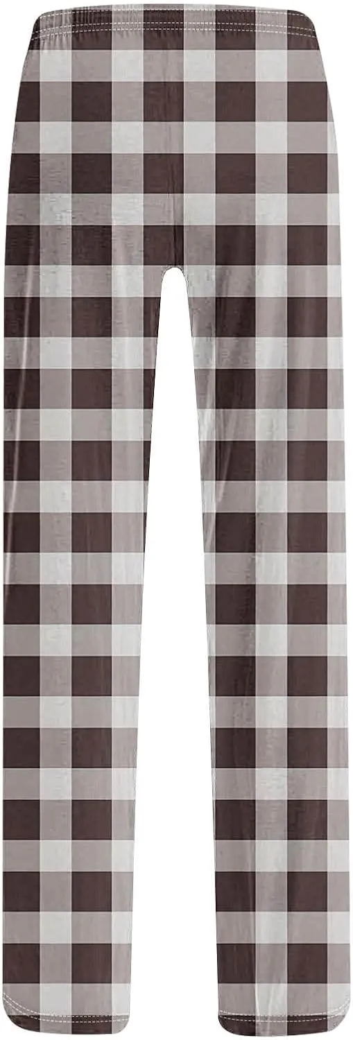 Women's Pajama Pants Wide Leg Yoga Pants Lounge High Waist Pants Comfy Stretch Plaid Pj Bottoms Trousers Loungewear