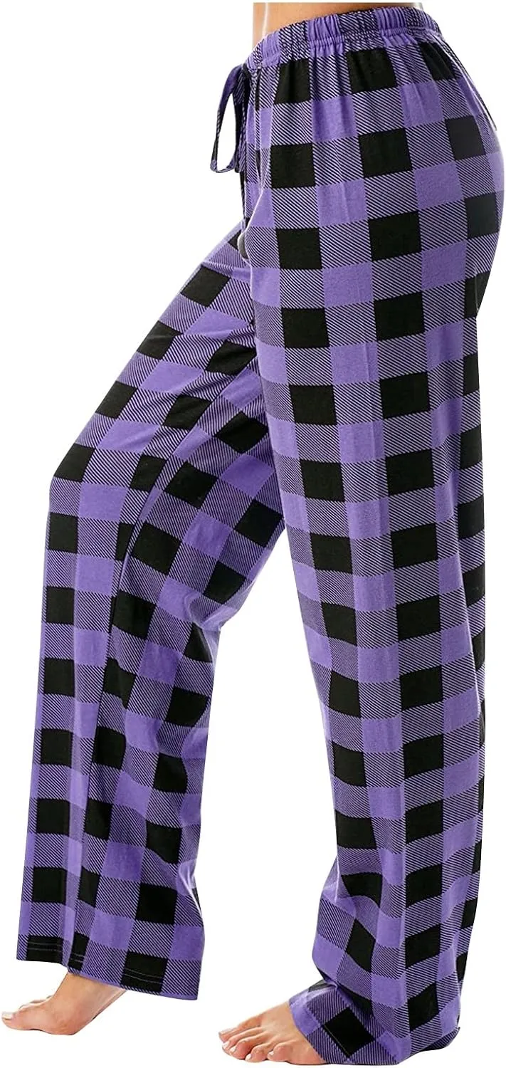 Womens Pajamas Pants 2025 Lounge Cute Plaid Pants Soft Comfy Drawstring Wide Leg Trousers Bell Bottom Sleep Clothing
