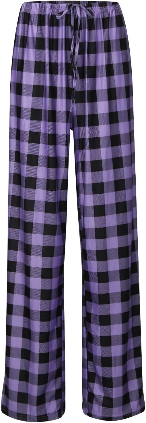 Womens Pajamas Pants 2025 Lounge Cute Plaid Pants Soft Comfy Drawstring Wide Leg Trousers Bell Bottom Sleep Clothing