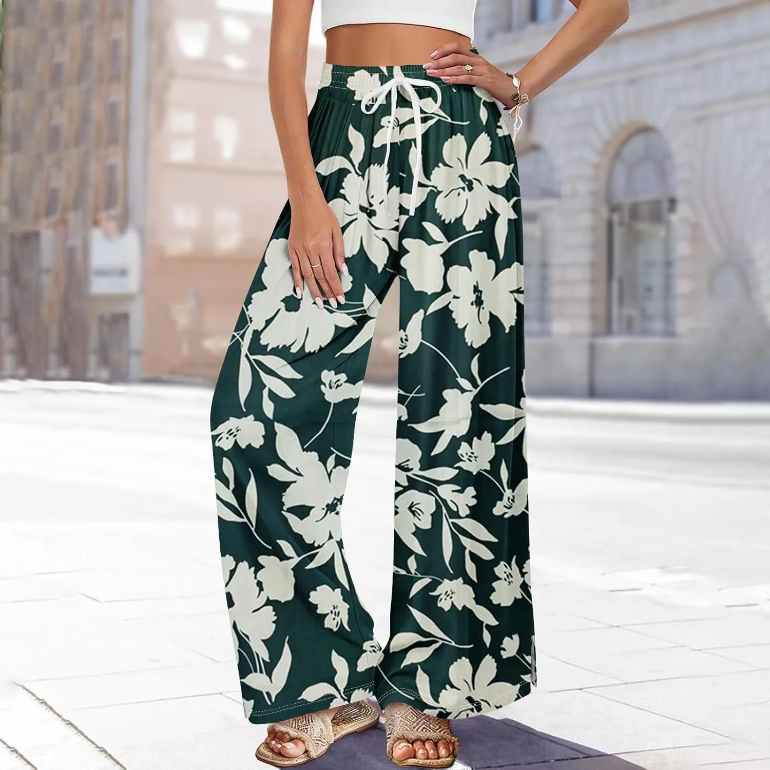 Womens Pants Casual Trendy Wide Leg High Waisted Linen Pants Drawstring Palazzo Lounge Pant Summer Beach Trousers