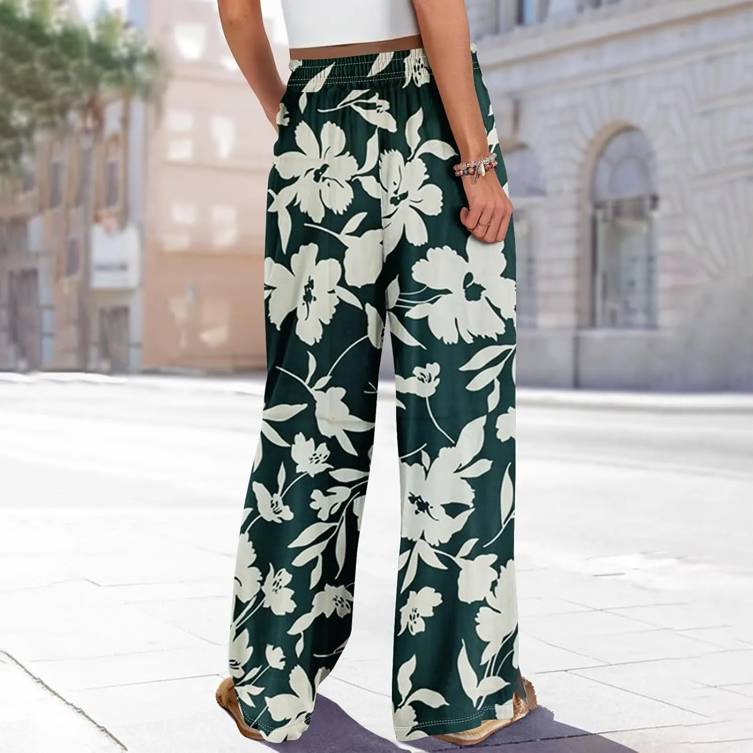 Womens Pants Casual Trendy Wide Leg High Waisted Linen Pants Drawstring Palazzo Lounge Pant Summer Beach Trousers