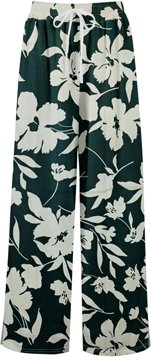 Womens Pants Casual Trendy Wide Leg High Waisted Linen Pants Drawstring Palazzo Lounge Pant Summer Beach Trousers