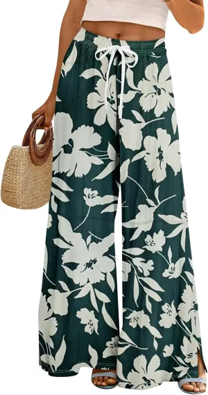 Womens Pants Casual Trendy Wide Leg High Waisted Linen Pants Drawstring Palazzo Lounge Pant Summer Beach Trousers