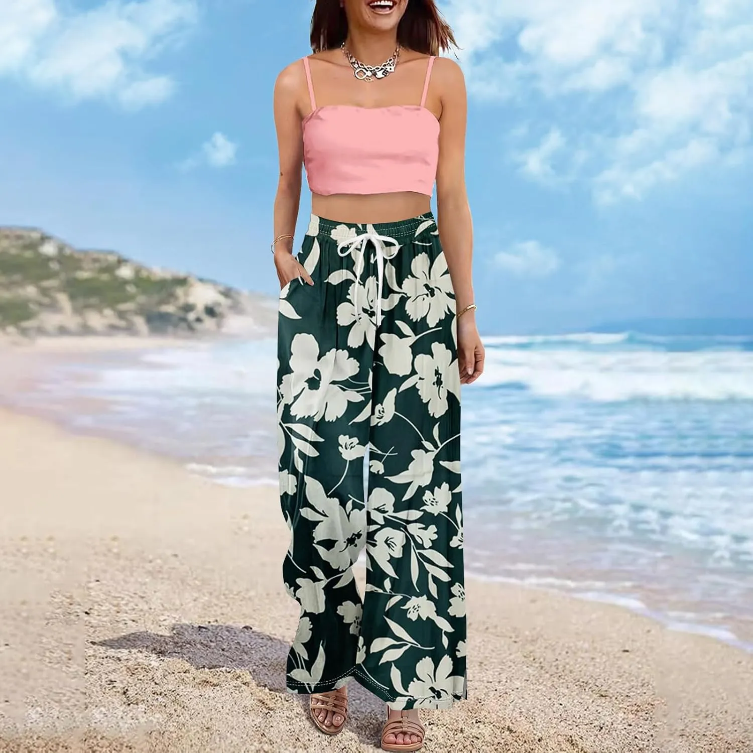 Womens Pants Casual Trendy Wide Leg High Waisted Linen Pants Drawstring Palazzo Lounge Pant Summer Beach Trousers