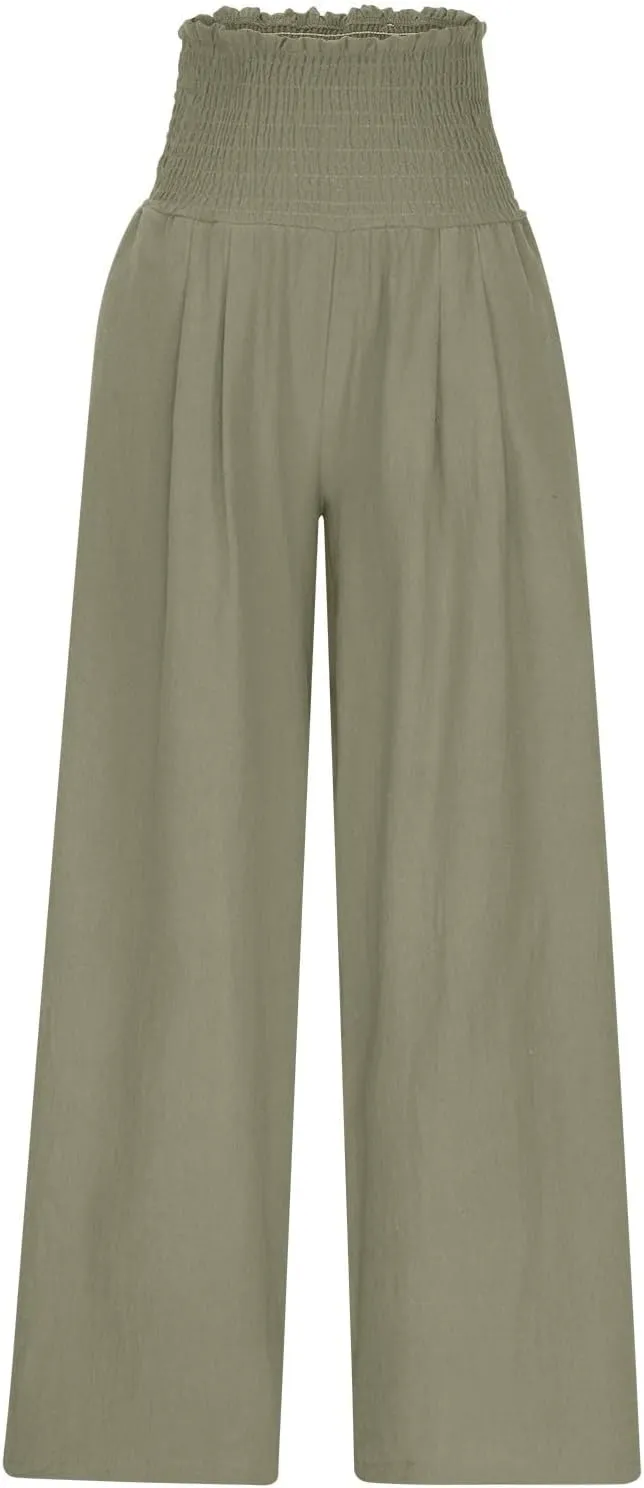 Women's Pleated Cotton Linen Straight Pants High Waist Lounge Trousers Wide Leg Casual Trouser for Summer Beach Vacation