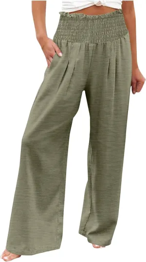 Women's Pleated Cotton Linen Straight Pants High Waist Lounge Trousers Wide Leg Casual Trouser for Summer Beach Vacation