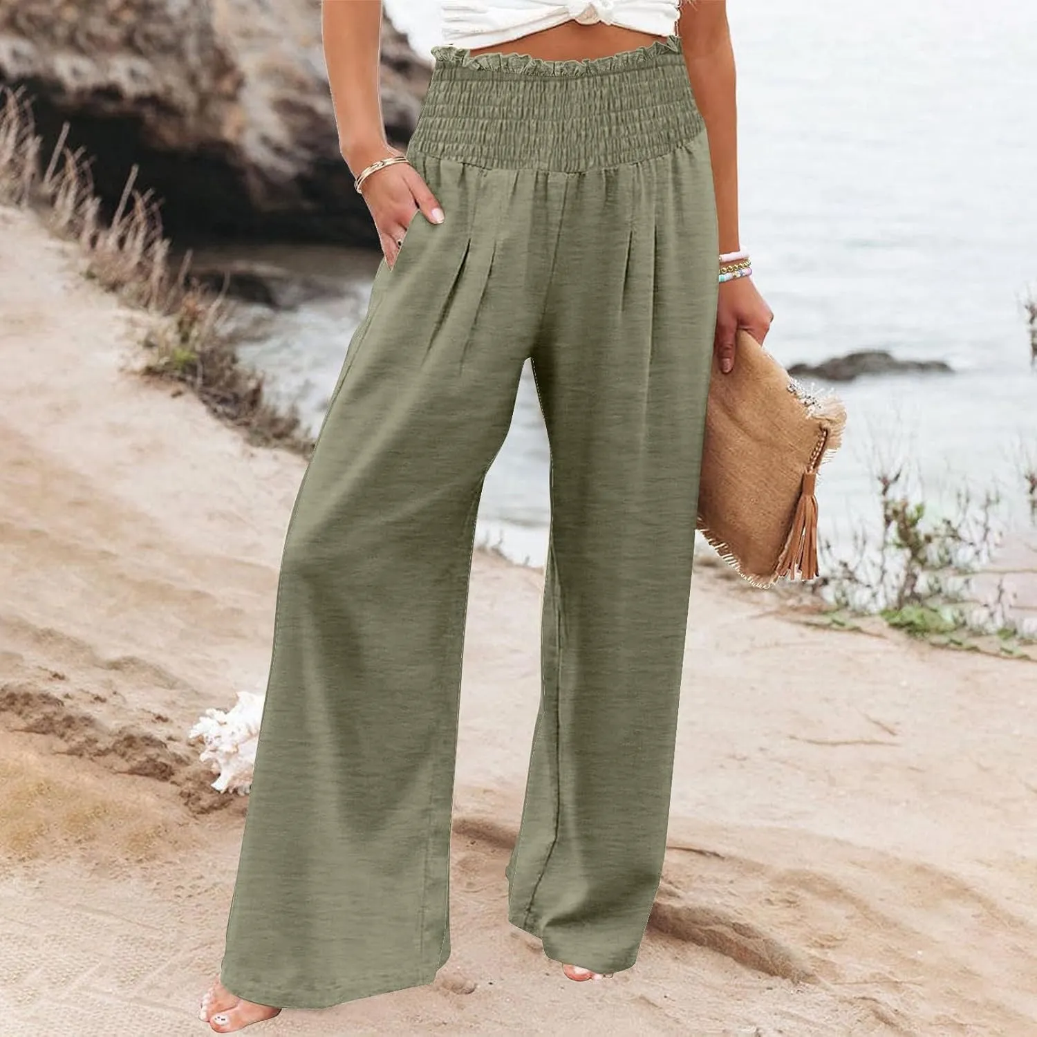 Women's Pleated Cotton Linen Straight Pants High Waist Lounge Trousers Wide Leg Casual Trouser for Summer Beach Vacation