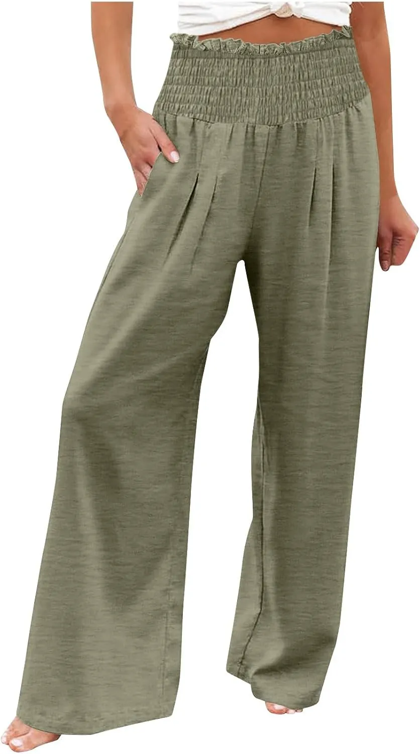 Women's Pleated Cotton Linen Straight Pants High Waist Lounge Trousers Wide Leg Casual Trouser for Summer Beach Vacation