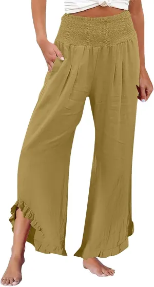 Women's Pleated Cotton Linen Straight Trousers Summer Wide Leg High Waisted Trouser Causal Pants with Irregular Pants Legs