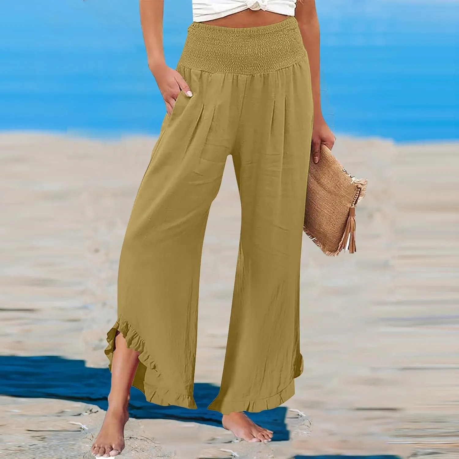 Women's Pleated Cotton Linen Straight Trousers Summer Wide Leg High Waisted Trouser Causal Pants with Irregular Pants Legs