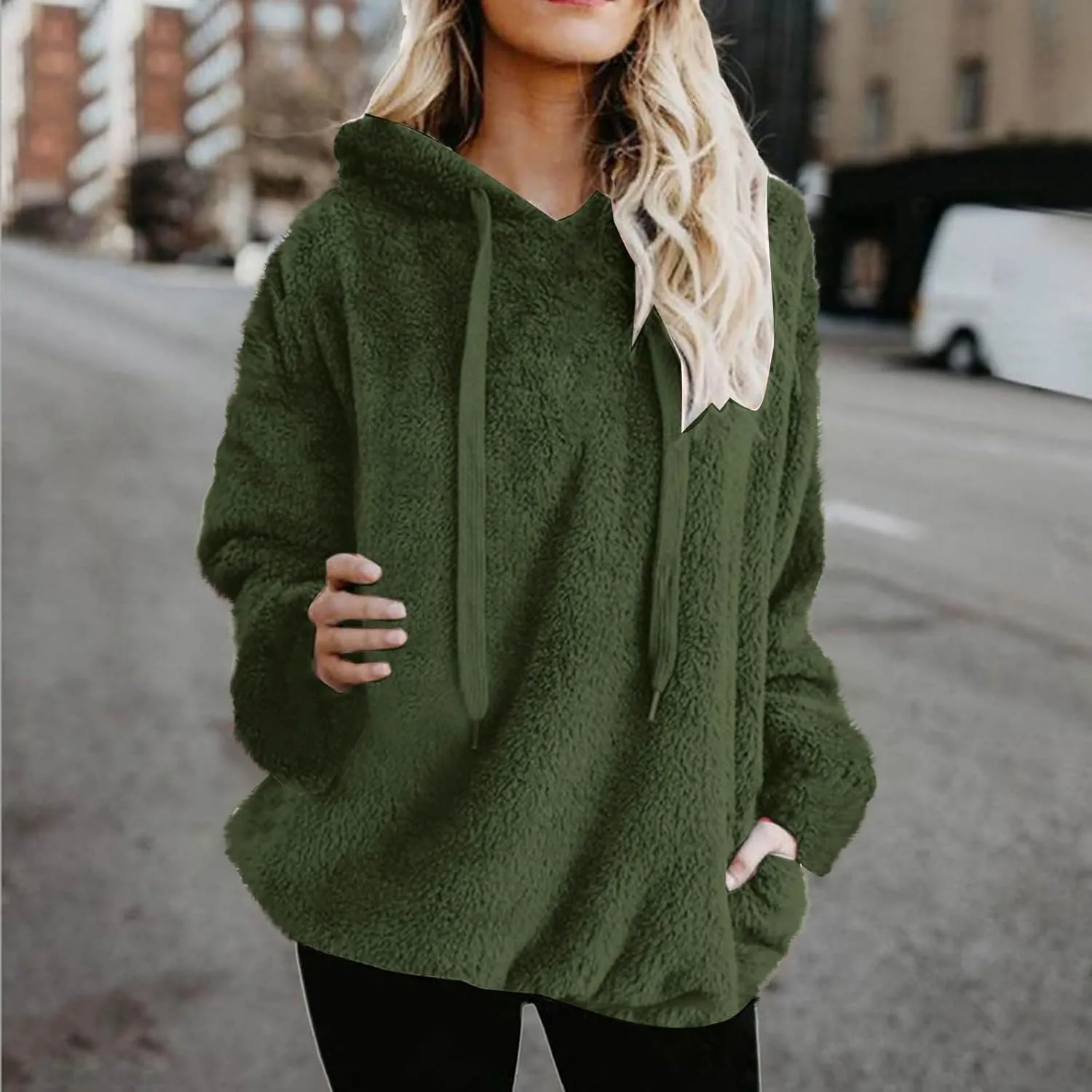Women's Plush Sweatshirt Fashion Mid-Length Round-Neck Long Sleeves Winter Warm Fleece Pullover Tops with Pockets