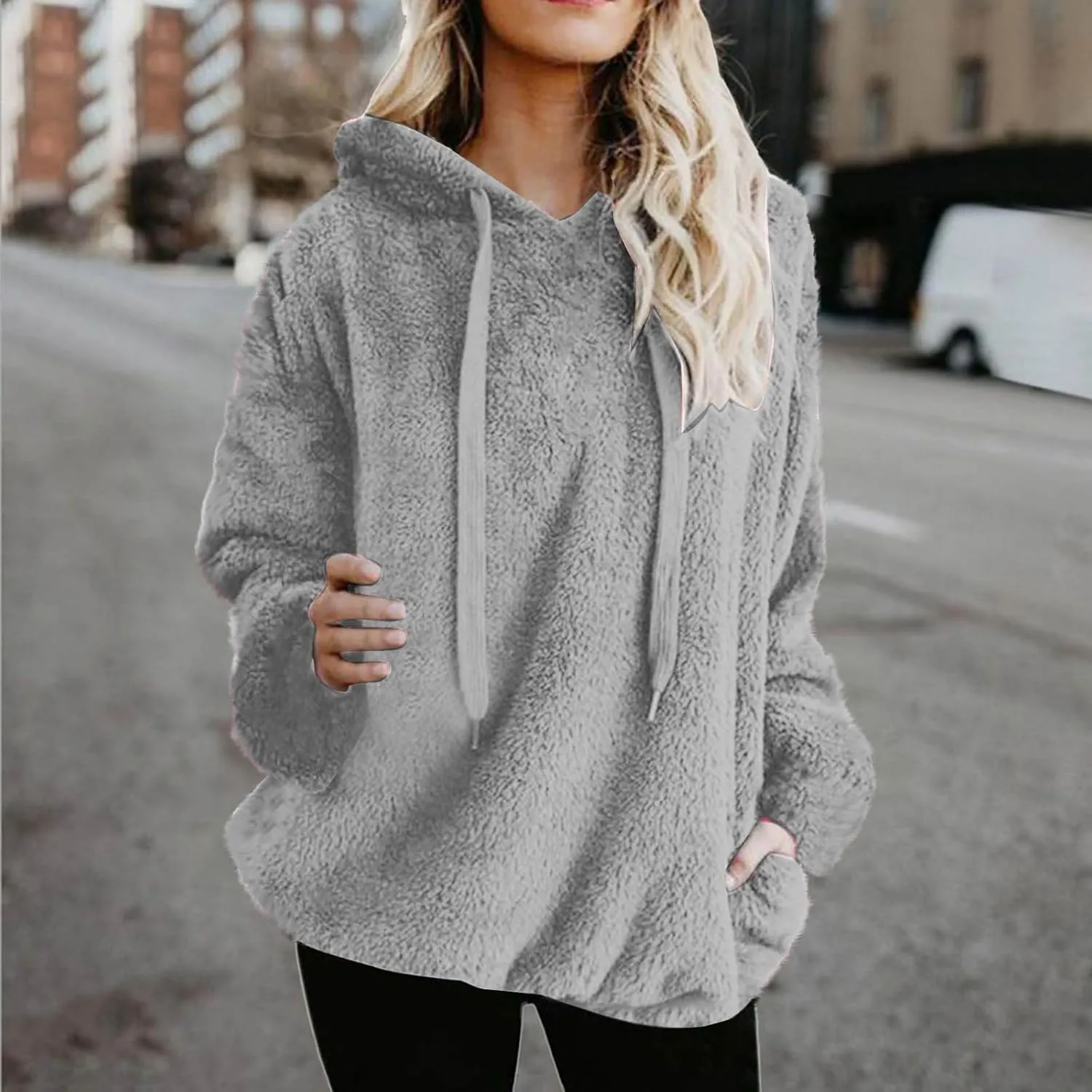 Women's Plush Sweatshirt Fashion Mid-Length Round-Neck Long Sleeves Winter Warm Fleece Pullover Tops with Pockets