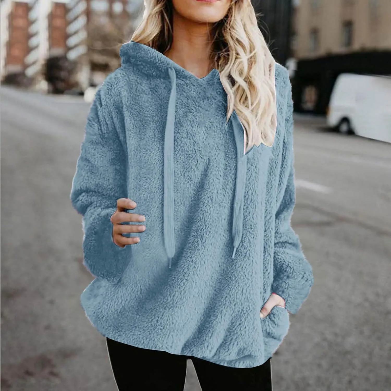 Women's Plush Sweatshirt Fashion Mid-Length Round-Neck Long Sleeves Winter Warm Fleece Pullover Tops with Pockets