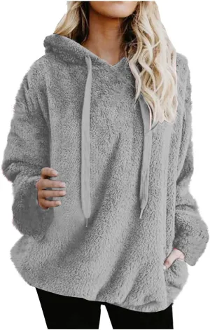 Women's Plush Sweatshirt Fashion Mid-Length Round-Neck Long Sleeves Winter Warm Fleece Pullover Tops with Pockets
