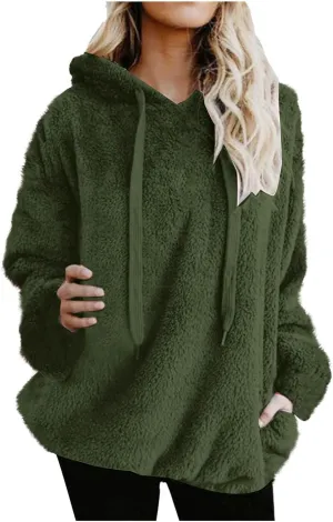 Women's Plush Sweatshirt Fashion Mid-Length Round-Neck Long Sleeves Winter Warm Fleece Pullover Tops with Pockets