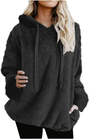 Women's Plush Sweatshirt Fashion Mid-Length Round-Neck Long Sleeves Winter Warm Fleece Pullover Tops with Pockets