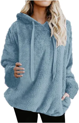 Women's Plush Sweatshirt Fashion Mid-Length Round-Neck Long Sleeves Winter Warm Fleece Pullover Tops with Pockets