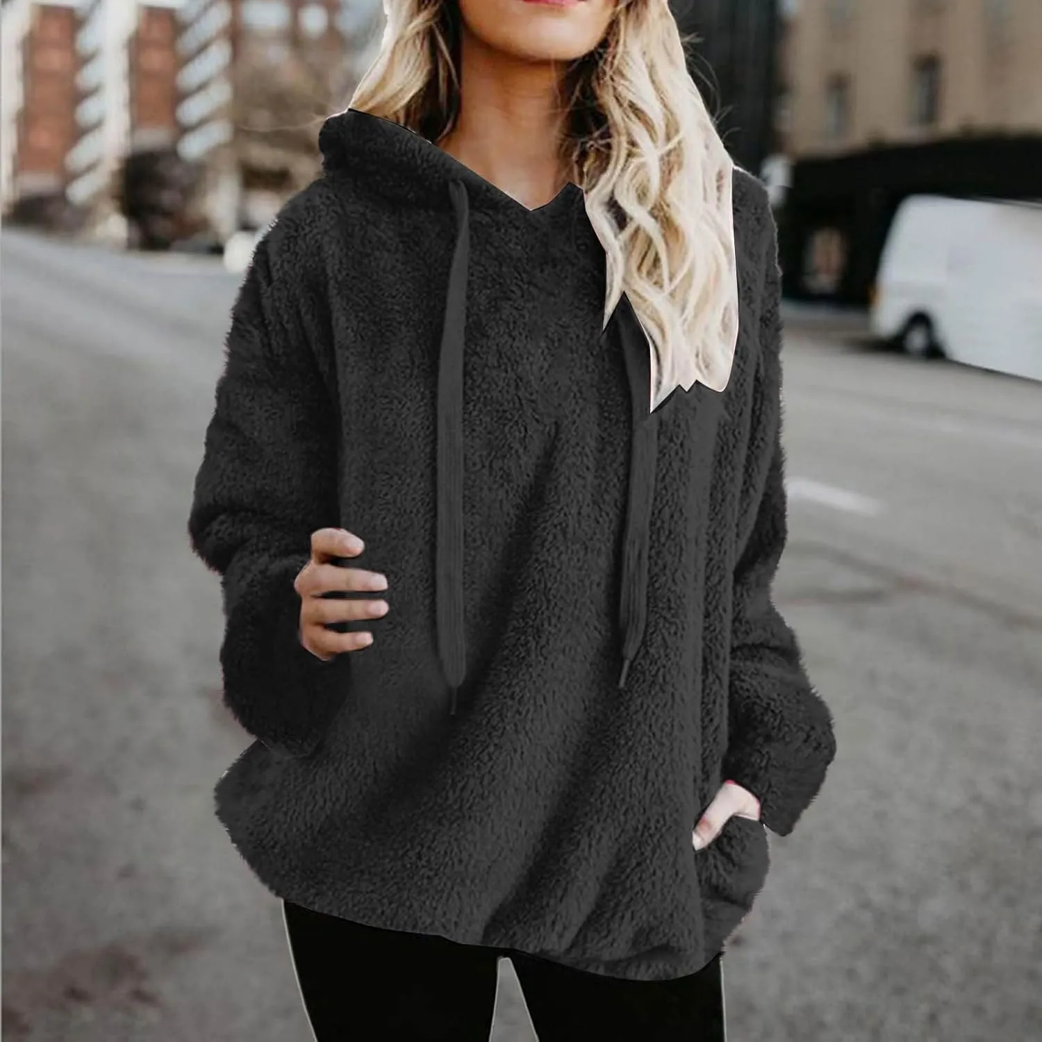 Women's Plush Sweatshirt Fashion Mid-Length Round-Neck Long Sleeves Winter Warm Fleece Pullover Tops with Pockets