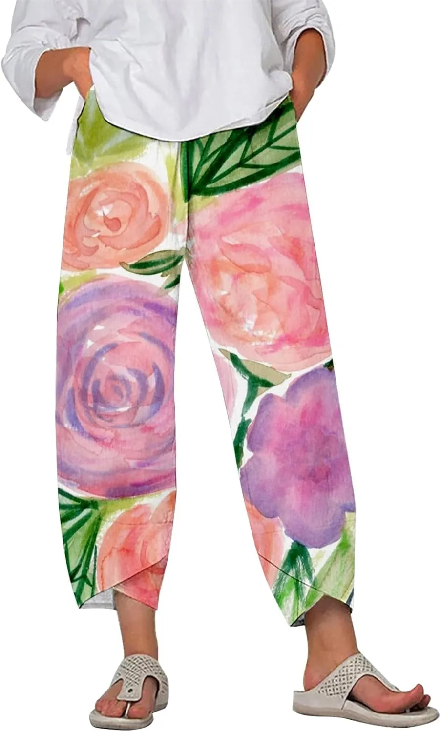 Womens Printed Cotton Linen Straight Pants Boho Floral Elastic Waist Trousers Retro Cute Pant for Summer Beach Travel