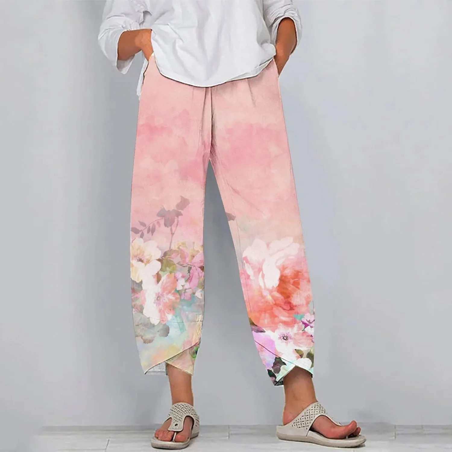 Womens Printed Cotton Linen Straight Pants Boho Floral Elastic Waist Trousers Retro Cute Pant for Summer Beach Travel
