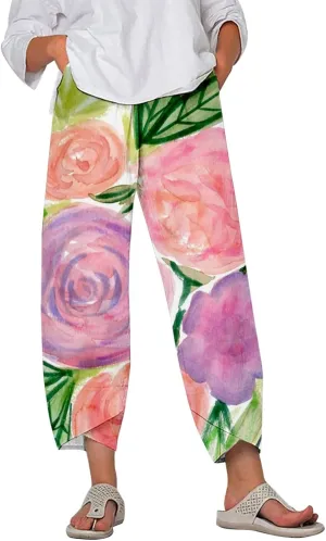 Womens Printed Cotton Linen Straight Pants Boho Floral Elastic Waist Trousers Retro Cute Pant for Summer Beach Travel