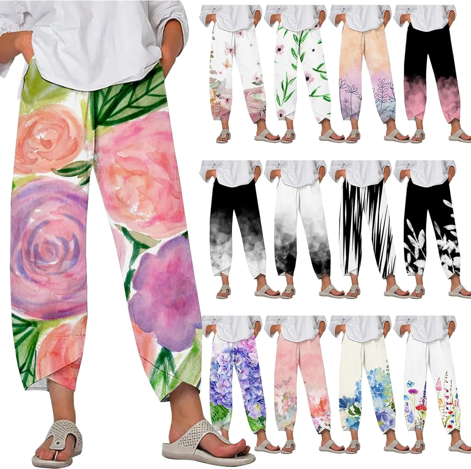 Womens Printed Cotton Linen Straight Pants Boho Floral Elastic Waist Trousers Retro Cute Pant for Summer Beach Travel