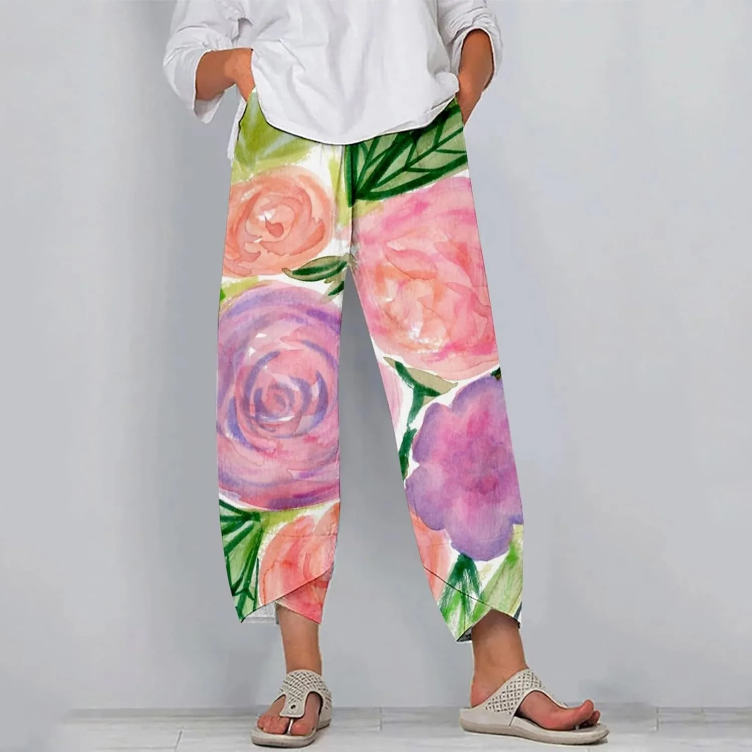 Womens Printed Cotton Linen Straight Pants Boho Floral Elastic Waist Trousers Retro Cute Pant for Summer Beach Travel
