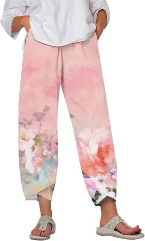 Womens Printed Cotton Linen Straight Pants Boho Floral Elastic Waist Trousers Retro Cute Pant for Summer Beach Travel