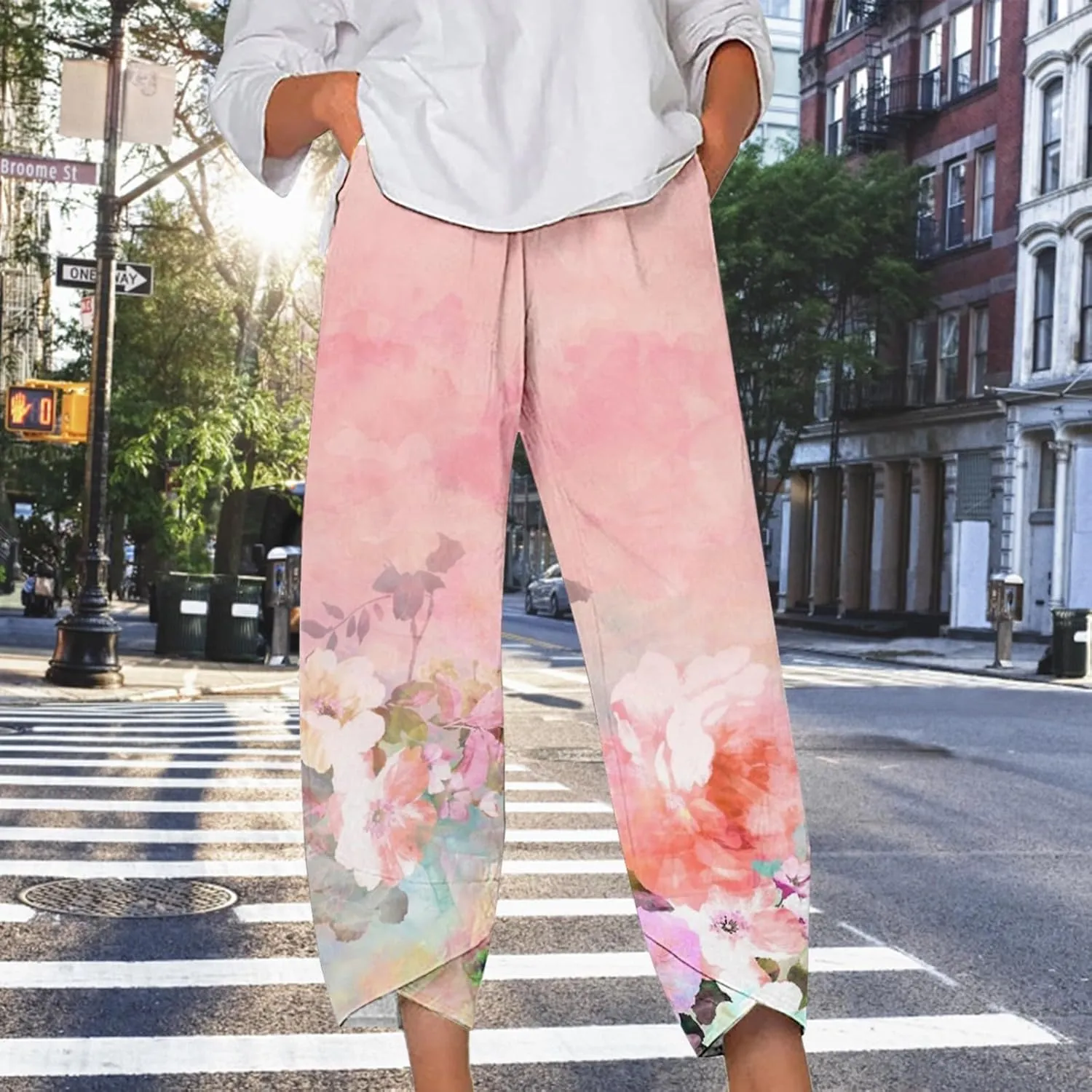 Womens Printed Cotton Linen Straight Pants Boho Floral Elastic Waist Trousers Retro Cute Pant for Summer Beach Travel