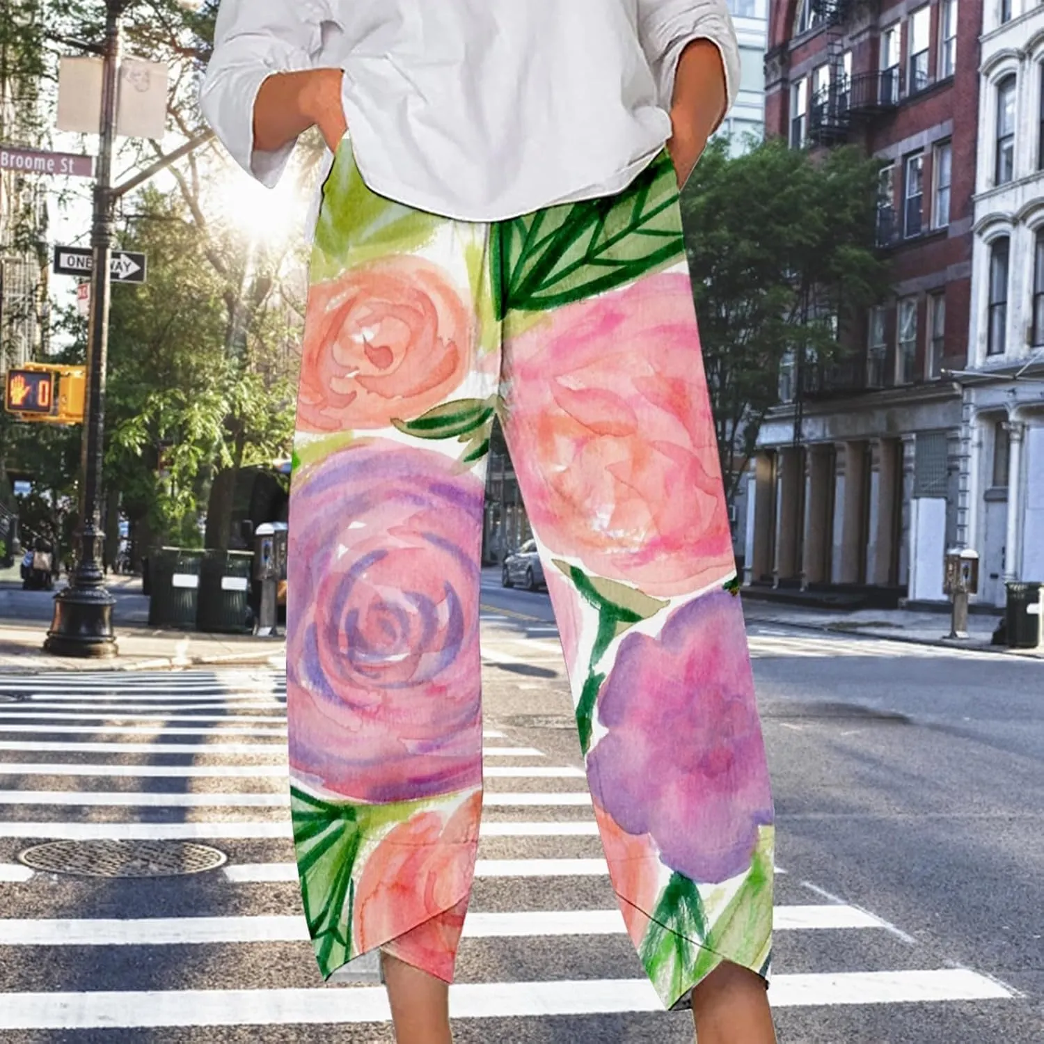 Womens Printed Cotton Linen Straight Pants Boho Floral Elastic Waist Trousers Retro Cute Pant for Summer Beach Travel