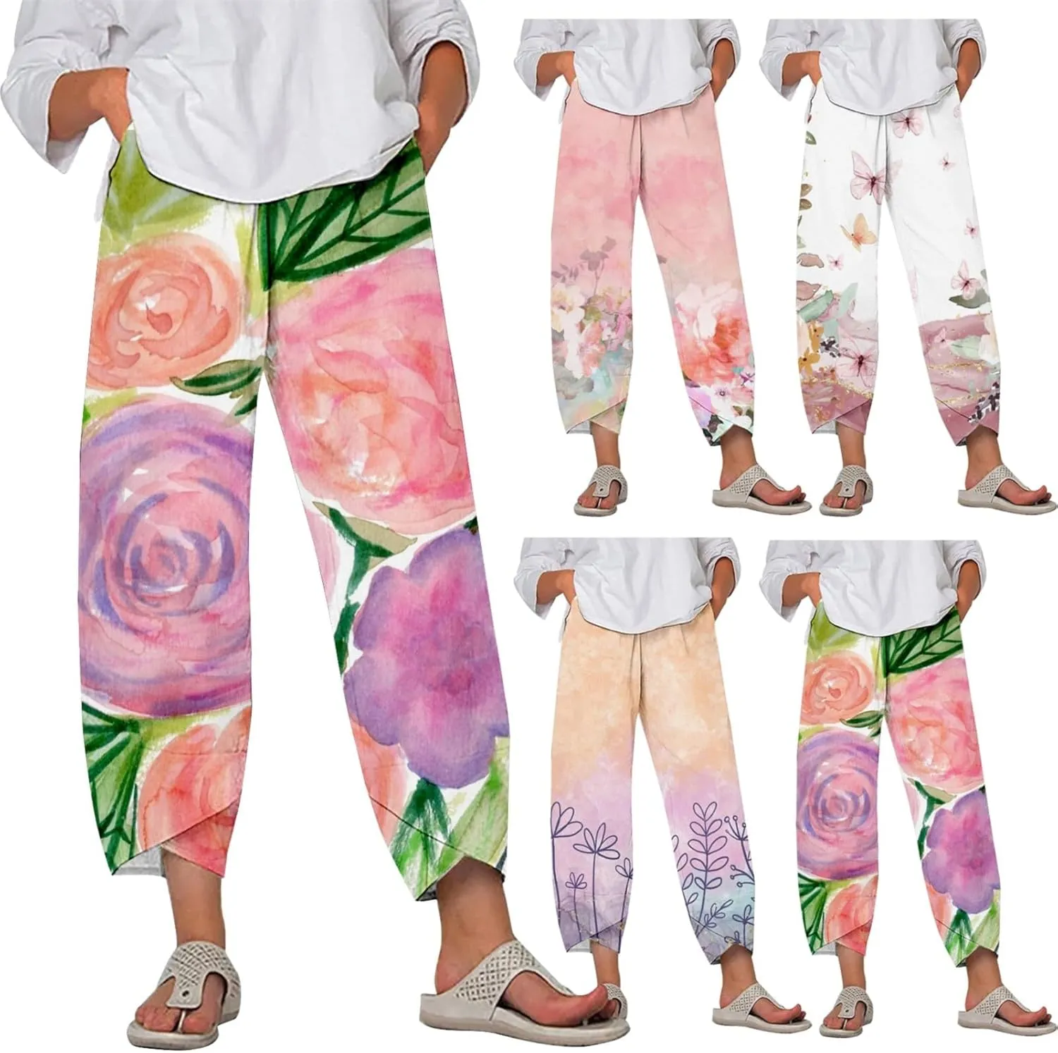 Womens Printed Cotton Linen Straight Pants Boho Floral Elastic Waist Trousers Retro Cute Pant for Summer Beach Travel
