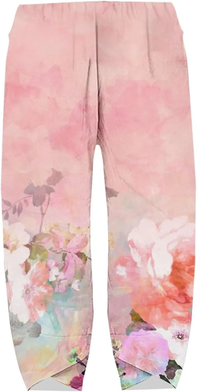 Womens Printed Cotton Linen Straight Pants Boho Floral Elastic Waist Trousers Retro Cute Pant for Summer Beach Travel
