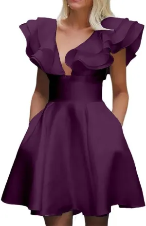 Women's Purple Ruffle Sweetheart Neckline Mini Dress, Flared Skirt