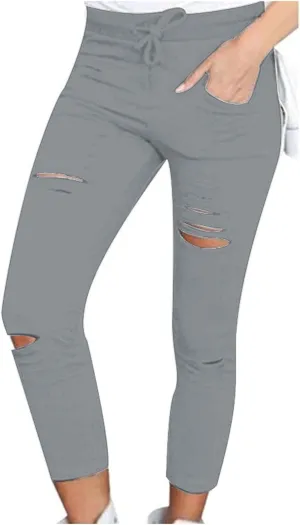 Women's Ripped Pencil Pants High Waist Lace-up Skinny Stretchy Leggings Workout Casual Yoga Trousers with Pockets